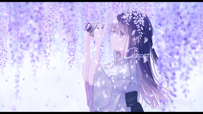 1girl black_hakama blurry blurry_background blush braid camera commentary_request day falling_petals floral_print flower french_braid from_side hair_between_eyes hakama holding holding_camera japanese_clothes kimono lens_flare lens_focus letterboxed long_hair long_sleeves looking_up original outdoors parted_lips petals print_kimono purple_eyes purple_hair purple_kimono renren_(pixiv22963369) sidelocks signature solo straight_hair upper_body wide_sleeves wisteria
