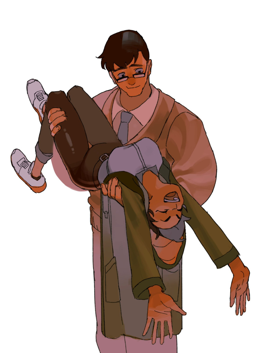 1boy 1girl black_hair carrying carrying_person clark_kent closed_eyes dark-skinned_female dark_skin dc_comics glasses happy highres kengyou_lei lois_lane looking_at_another my_adventures_with_superman necktie shoes smile sneakers superman_(series)