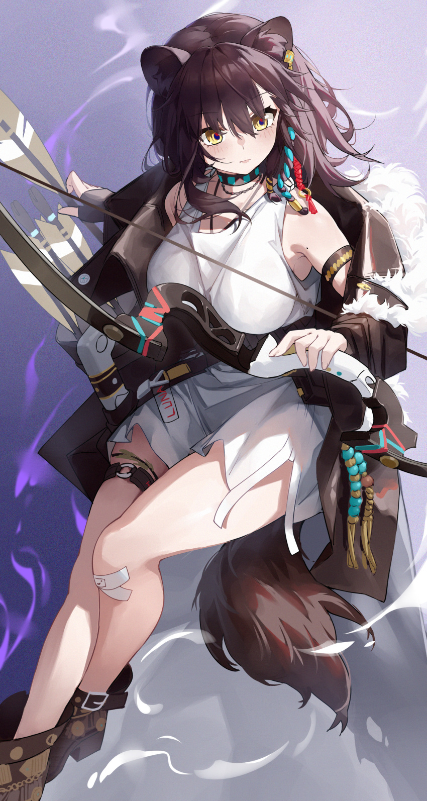 1girl absurdres animal_ears arknights arrow_(projectile) bandaid bandaid_on_knee bandaid_on_leg bow_(weapon) brown_hair coat dress erdongjinming fur-trimmed_coat fur_trim highres holding holding_bow_(weapon) holding_weapon lunacub_(arknights) quiver tail thigh_strap weapon white_dress wolf_ears wolf_tail yellow_eyes