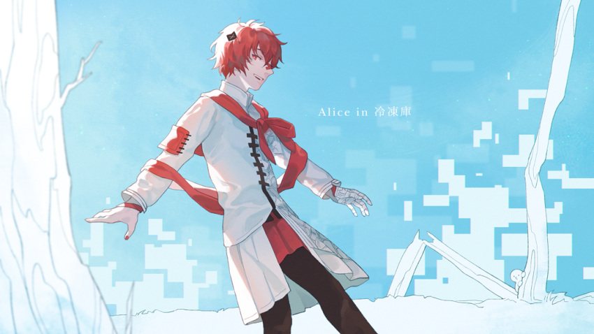 1boy black_jacket collared_jacket driftwoodwolf fukase jacket looking_at_viewer male_focus mini_flag nail_polish open_mouth red_eyes red_hair red_scarf scarf smile solo teeth tree vocaloid white_jacket