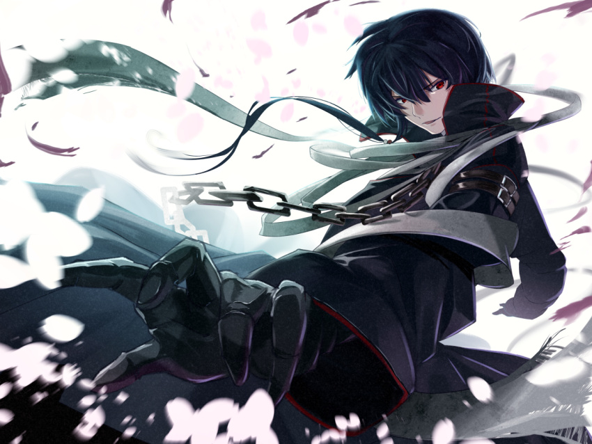 1boy black_gloves black_hair black_jacket chain commentary_request falling_petals fighting_stance foreshortening gloves hair_between_eyes jacket long_ribbon long_sleeves looking_at_viewer motion_blur nose ootori_sakuya parted_lips petals red_eyes rewrite ribbon short_hair simple_background smile solo tagame_(tagamecat) v-shaped_eyebrows white_background white_ribbon