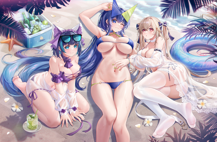 3girls anchorage_(azur_lane) anchorage_(dolphins_and_swim_lessons)_(azur_lane) azur_lane beach bikini breasts cheshire_(azur_lane) cheshire_(summery_date!)_(azur_lane) cleavage cooler cup drinking_glass feet food fruit highres large_breasts lime_(fruit) looking_at_viewer lying mojito multiple_girls new_jersey_(azur_lane) new_jersey_(midsummer_leisure)_(azur_lane) no_shoes official_alternate_costume on_back on_side one_eye_closed seiza sitting soles stardust_(chen'ai_weiding) swimsuit thighhighs white_thighhighs