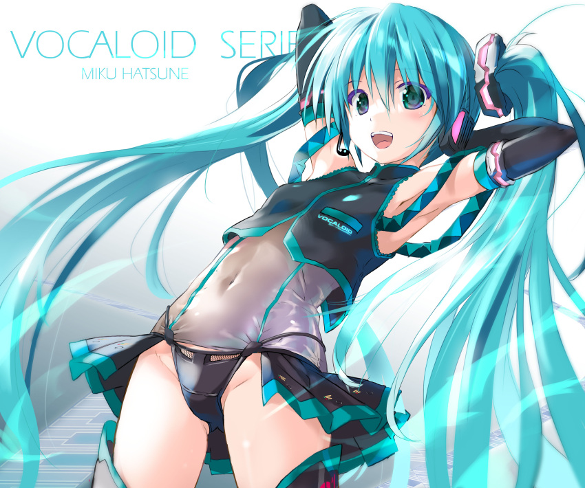 1girl 39 absurdres aqua_eyes aqua_hair armpits arms_up black_panties black_skirt black_sleeves blush covered_navel crop_top detached_sleeves hair_ornament hatsune_miku highres komatsu_eiji leotard leotard_under_clothes long_hair miku_day open_clothes open_mouth open_skirt panties pleated_skirt see-through see-through_leotard simple_background skirt smile thighhighs twintails underwear very_long_hair vocaloid