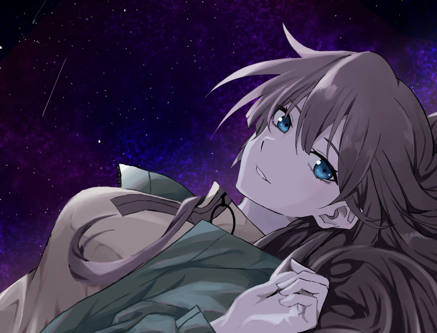 1girl alternate_costume alternate_hair_color blue_eyes blue_sky breasts brown_hair brown_shirt dutch_angle eyelashes green_jacket hair_between_eyes hand_up highres jacket large_breasts looking_at_viewer lying mikann_oekaki monogatari_(series) night night_sky on_back open_clothes open_jacket parted_lips purple_sky senjougahara_hitagi shirt shooting_star sky solo star_(sky) starry_sky upper_body