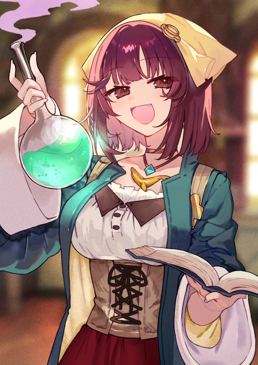 1girl :d atelier_(series) atelier_sophie blurry blurry_background book bottle breasts brown_choker choker commentary_request corset fang green_jacket head_scarf highres holding holding_book holding_bottle jacket long_sleeves looking_at_viewer medium_breasts open_clothes open_jacket open_mouth red_eyes red_hair ryuuno6 short_hair smile solo sophie_neuenmuller yellow_headwear