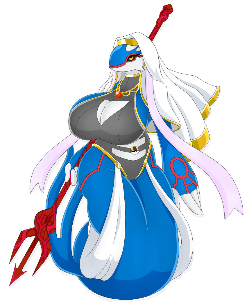 absurd_res accessory anthro big_breasts black_pupils blue_body breasts clothing collar female fin generation_3_pokemon hi_res huge_breasts kyogre legendary_pokemon legless melee_weapon nintendo pokeball pokemon pokemon_(species) polearm pupils simple_background solo tail trident tunic urusee584 veil weapon white_background yellow_eyes