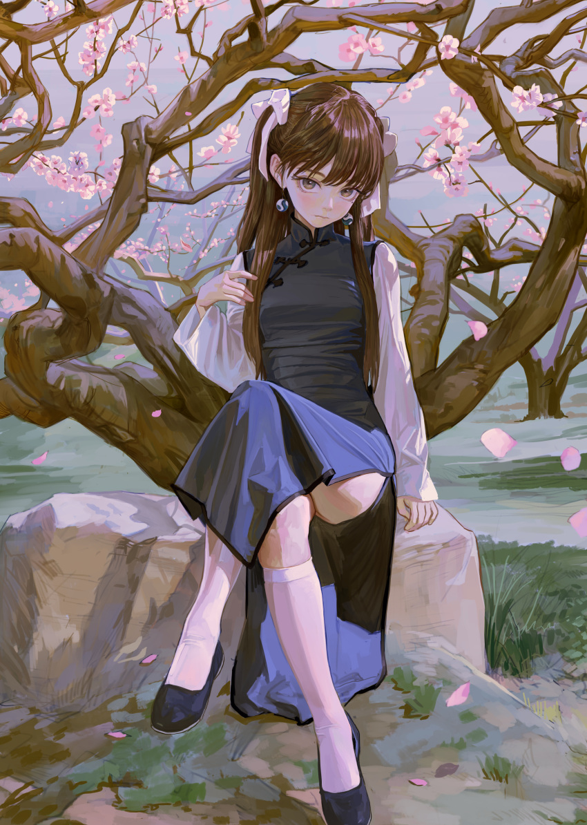 1girl absurdres blue_dress blue_footwear breasts brown_eyes brown_hair china_dress chinese_clothes closed_mouth crossed_legs dress earrings eyeball_bracelet_girl_(fkey) fkey flower hair_ribbon highres jewelry long_hair long_sleeves looking_at_viewer mole mole_under_eye original outdoors pink_flower ribbon side_slit small_breasts socks solo two_side_up white_ribbon white_socks wide_sleeves yin_yang yin_yang_earrings