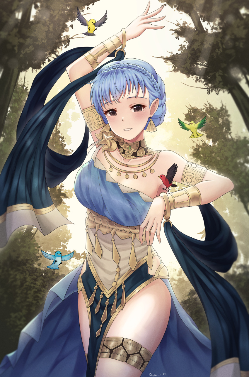 1girl absurdres arm_up armlet bird blue_dress blue_hair bracelet braid breasts brown_eyes commentary cowboy_shot crown_braid dancer_(three_houses) doiparuni dress earrings fire_emblem fire_emblem:_three_houses fire_emblem_heroes highres jewelry large_breasts looking_at_viewer marianne_von_edmund neck_ring official_alternate_costume outdoors pelvic_curtain short_hair solo standing strapless strapless_dress thighlet thighs tree
