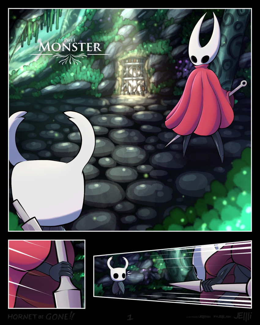 2023 arthropod battle black_body blue_clothing clothing comic detailed_background digital_drawing_(artwork) digital_media_(artwork) duo english_text female hi_res holding_object hollow_knight hornet_(hollow_knight) humanoid jellli looking_at_another male plant red_cloak red_clothing rock shaded team_cherry text the_knight_(hollow_knight) url vessel_(species)