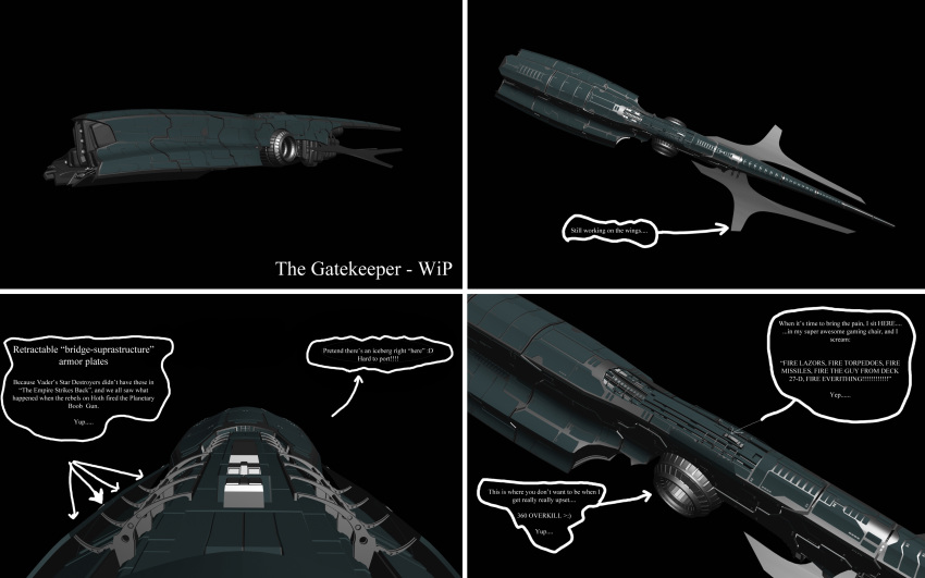 3d absurdres battleship_(eve_online) black_background commentary concept_art english_text eve_online gallente_federation_(eve_online) highres military_vehicle multiple_views no_humans nym182 original realistic science_fiction spacecraft