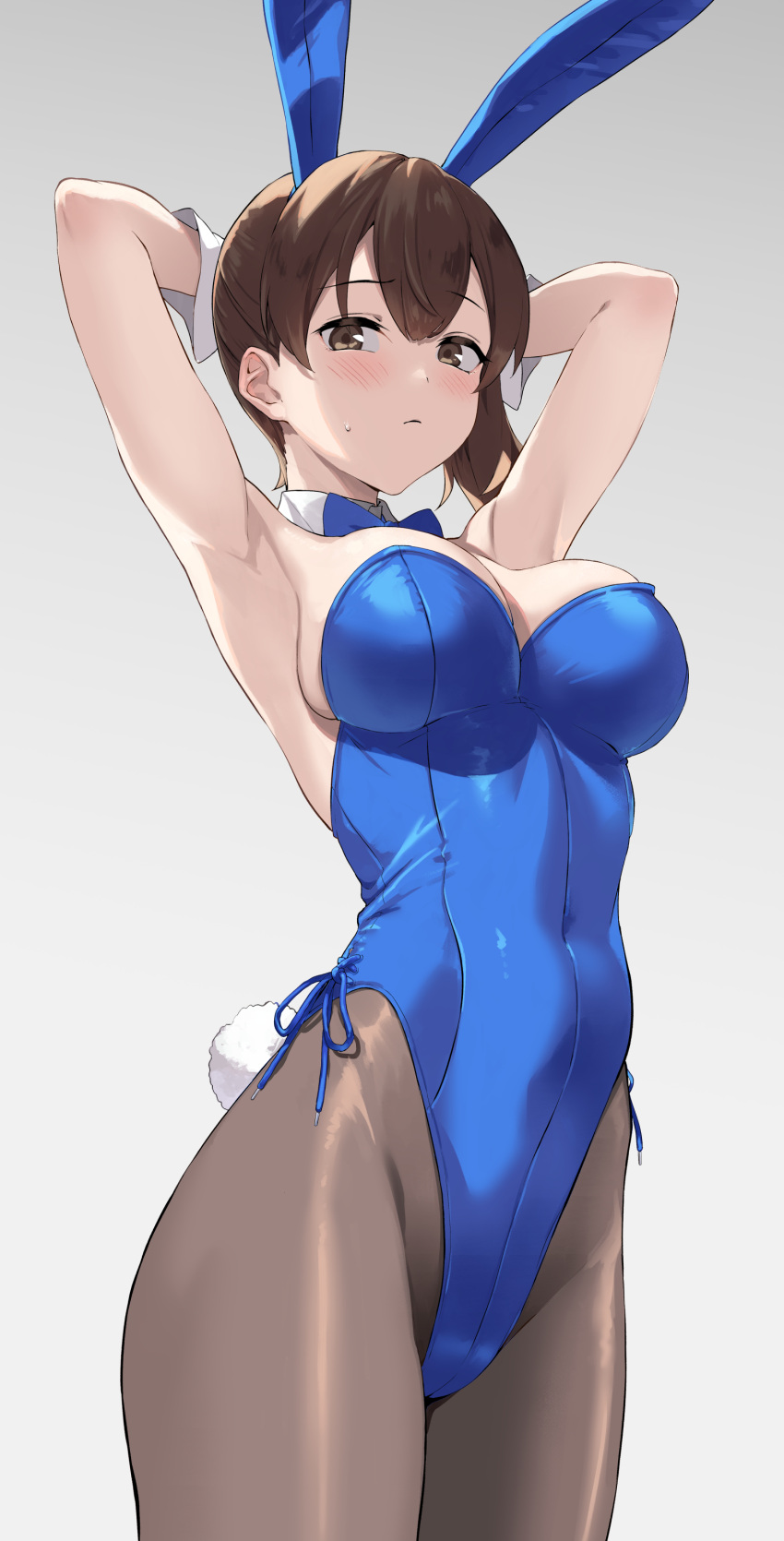 1girl absurdres animal_ears armpits arms_behind_head arms_up black_pantyhose blue_bow blue_bowtie blue_leotard blush bow bowtie breasts brown_eyes brown_hair bunny_day cleavage commentary_request detached_collar fake_animal_ears fake_tail gradient_background highres kaga_(kancolle) kantai_collection large_breasts leotard looking_at_viewer pantyhose playboy_bunny prime rabbit_ears rabbit_tail side_ponytail simple_background strapless strapless_leotard sweat sweatdrop tail wrist_cuffs