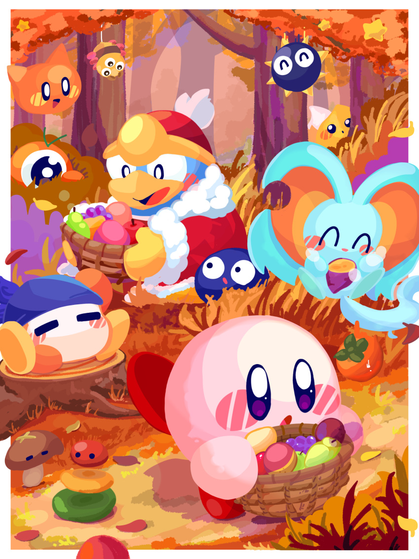 :d :o ^_^ apple autumn autumn_leaves banana bandana bandana_waddle_dee basket blue_bandana blush blush_stickers border bush cairn chip_(kirby) closed_eyes commentary_request como_(kirby) day elfilin food forest fruit fur-trimmed_jacket fur_trim geromazudake gooey_(kirby) gordo grapes grass hat highres holding holding_basket holding_food jacket king_dedede kirby kirby_(series) leaf looking_at_another mushroom nature no_humans omame_sakana one-eyed open_mouth outdoors outside_border pear persimmon purple_eyes red_headwear red_jacket scarfy shadow sitting sitting_on_tree_stump smile spikes sweet_potato tree tree_stump waddle_doo white_border wide-eyed