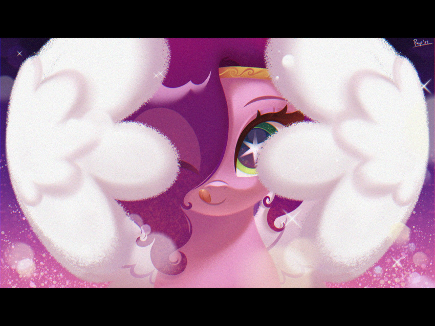 crown digital_media_(artwork) equid equine eyelashes feathered_wings feathers female feral fur green_eyes hair hasbro headgear hi_res looking_at_viewer mammal mlp_g5 my_little_pony one_eye_closed pegasus pink_body pink_fur pipp_petals_(mlp) purple_hair puyohh signature smile solo tongue tongue_out wings
