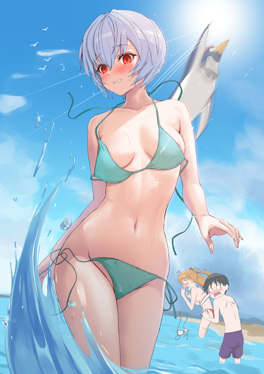 1boy 2girls absurdres animal aqua_bikini areola_slip ayanami_rei beach bikini bird blue_sky breasts clenched_teeth cloud collarbone cowboy_shot day embarrassed groin highres ikari_shinji medium_breasts multiple_girls navel neon_genesis_evangelion ocean outdoors parted_lips penguin penpen red_eyes sasasa_r_23 short_hair sky solo_focus souryuu_asuka_langley splashing stomach sunlight swimsuit teeth thighs untied_bikini wardrobe_malfunction water white_hair