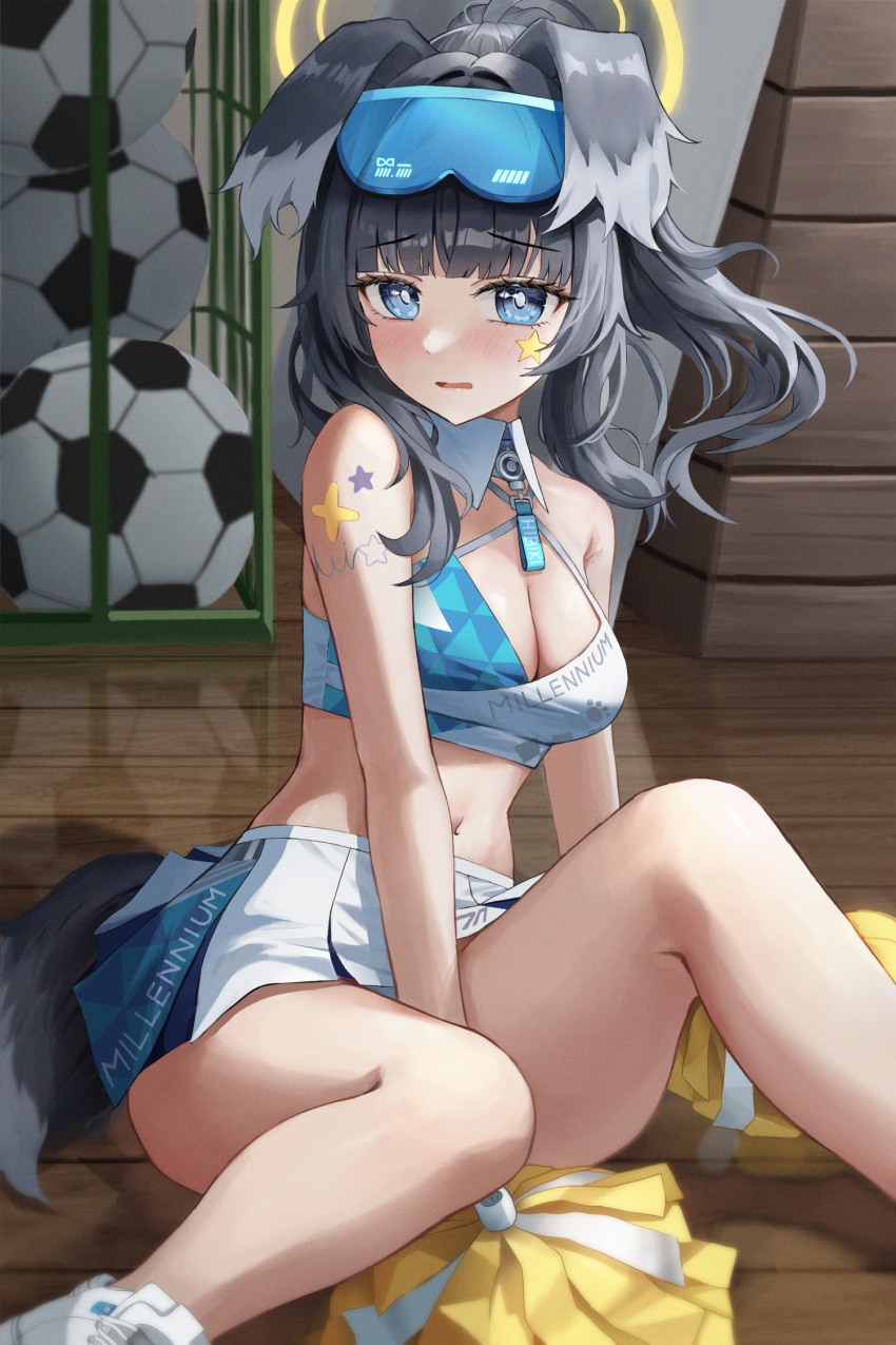 1girl animal_ears bare_arms bare_legs bare_shoulders between_legs black_hair blue_archive blue_eyes breasts bright_pupils cheerleader cleavage criss-cross_halter crop_top detached_collar dog_ears dog_girl dog_tail goggles goggles_on_head halo halterneck hand_between_legs hibiki_(blue_archive) hibiki_(cheer_squad)_(blue_archive) highres knee_up legs long_hair looking_at_viewer medium_breasts midriff millennium_cheerleader_outfit_(blue_archive) miniskirt navel official_alternate_costume pleated_skirt pom_pom_(cheerleading) ponytail revealing_clothes shirt shoes shoulder_tattoo sitting skirt sleeveless sleeveless_shirt solo stomach tail tattoo thighs ttusee5 two-tone_shirt white_shirt white_skirt
