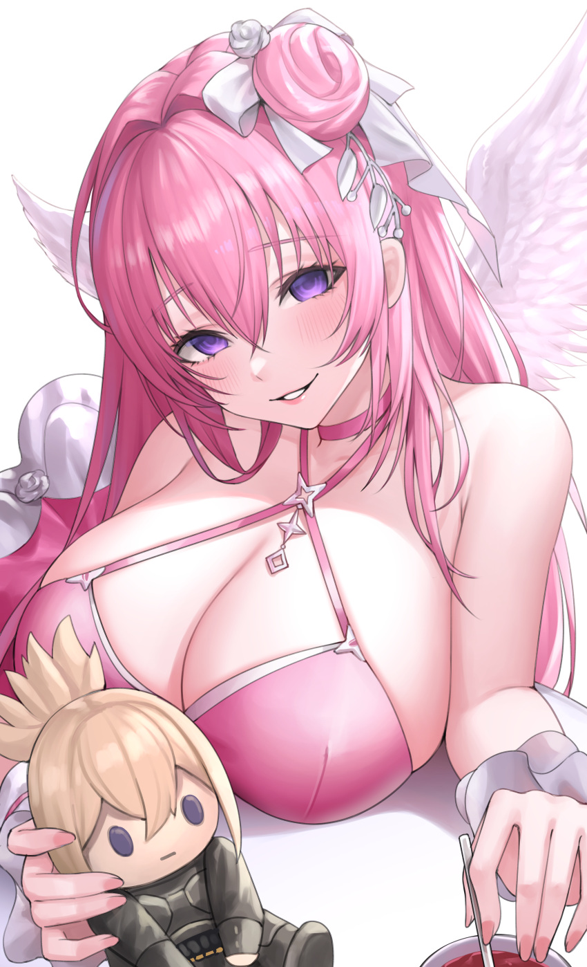 1girl absurdres blush breasts character_doll choker cleavage commentary doll dorothy_(nikke) goddess_of_victory:_nikke hair_bun hair_ribbon highres kurone_rinka large_breasts long_hair looking_at_viewer pink_hair pinne_(nikke) purple_eyes ribbon single_hair_bun smile solo white_background wings