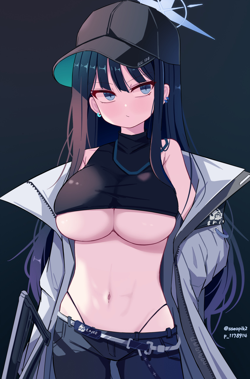 1girl baseball_cap black_hair black_headwear black_pants black_shirt blue_archive blue_eyes blue_halo blush breasts closed_mouth cowboy_shot earrings gradient_background halo hand_in_pocket hat highres jacket jewelry large_breasts long_hair navel open_clothes open_jacket pants pixiv_id saori_(blue_archive) shirt sleeveless sleeveless_shirt solo sseopik twitter_username underboob white_jacket