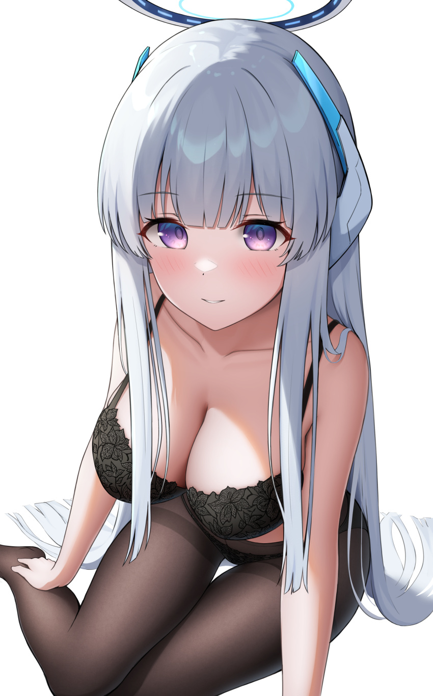 1girl absurdres black_bra black_pantyhose blue_archive blunt_bangs blush bra breasts cleavage closed_mouth collarbone commentary grey_hair halo highres large_breasts long_hair looking_at_viewer mechanical_halo noa_(blue_archive) panties panties_under_pantyhose pantyhose purple_eyes simple_background sitting solo thighband_pantyhose thighs topgear underwear white_background