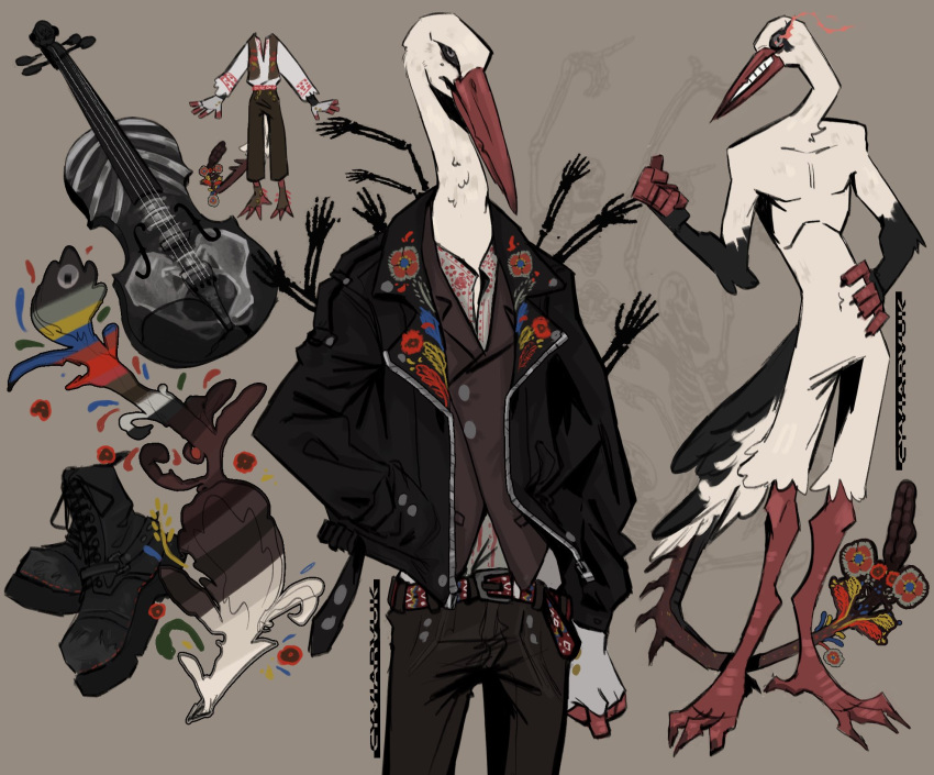 1boy adoptable bird bird_boy black_jacket black_pants contrapposto cowboy_shot cyviarvuk floral_print full_body furry grey_background highres instrument jacket multiple_views open_clothes open_jacket original pants simple_background skeleton skeleton_print stork violin