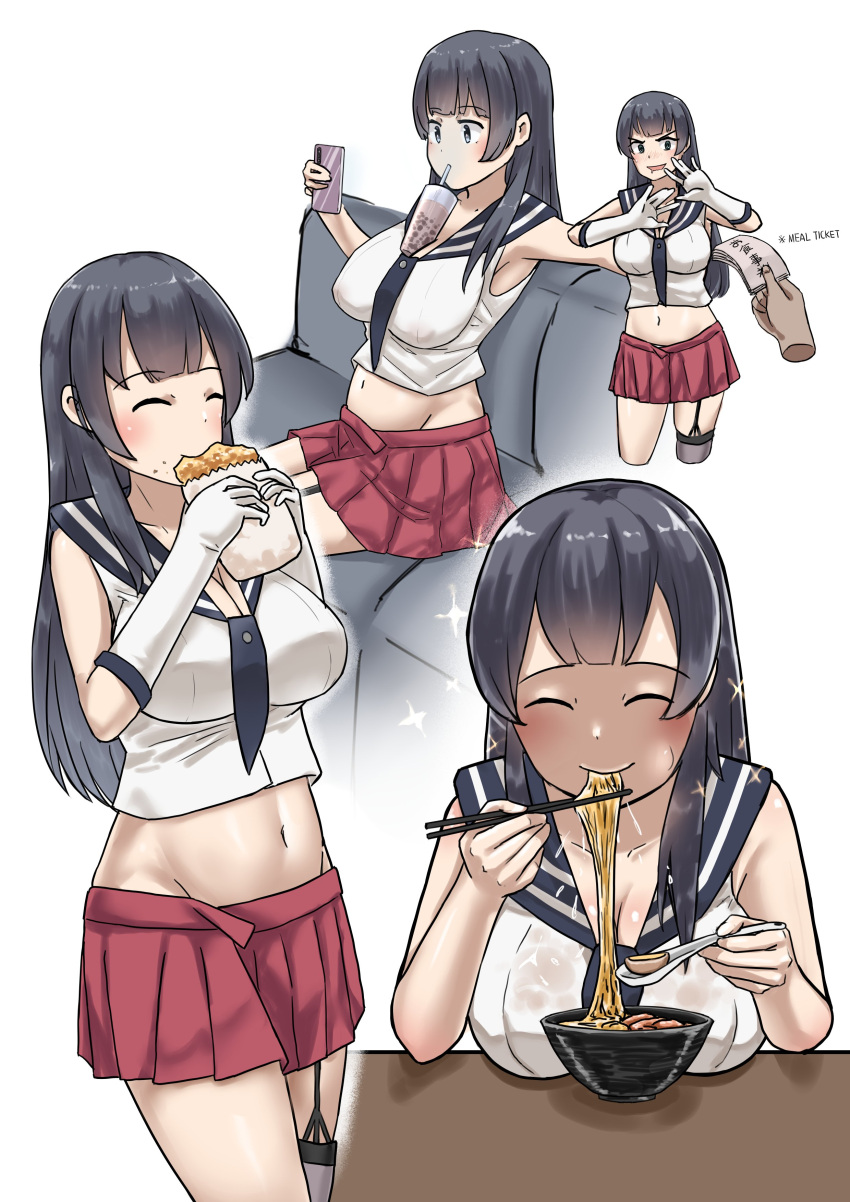absurdres agano_(kancolle) black_hair breast_rest breasts breasts_on_table bubble_tea_challenge cellphone chopsticks closed_eyes couch eating food garylin gloves highres holding holding_chopsticks holding_food holding_spoon kantai_collection long_hair navel noodles phone pleated_skirt simple_background single_thighhigh skirt smartphone spoon thighhighs white_gloves