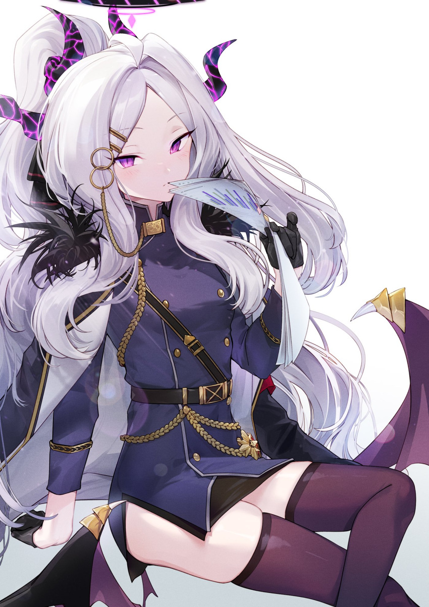 1girl aiguillette black_gloves blue_archive buttons coat coat_on_shoulders demon_girl demon_horns demon_wings double-breasted gloves half_gloves halo highres hina_(blue_archive) horns lingxia long_hair low_wings multiple_horns paper parted_bangs purple_eyes side_slit simple_background solo thighhighs white_background white_hair wings