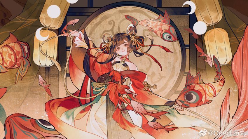 1girl arm_up bare_shoulders blue_gemstone brown_eyes brown_hair check_copyright chinese_clothes chinese_commentary choker circle closed_mouth commentary_request copyright_request dress eyelashes fish flower frilled_sleeves frills gem hair_flower hair_ornament hair_ribbon hanfu highres holding_tassel indoors koi lantern long_dress long_sleeves one_wang_yaowan original outstretched_arms paper_lantern red_choker red_ribbon red_robe ribbon robe short_hair sleeveless sleeveless_dress smile solo too_many_fish waist_tassel weibo_logo weibo_username white_dress wide_sleeves window