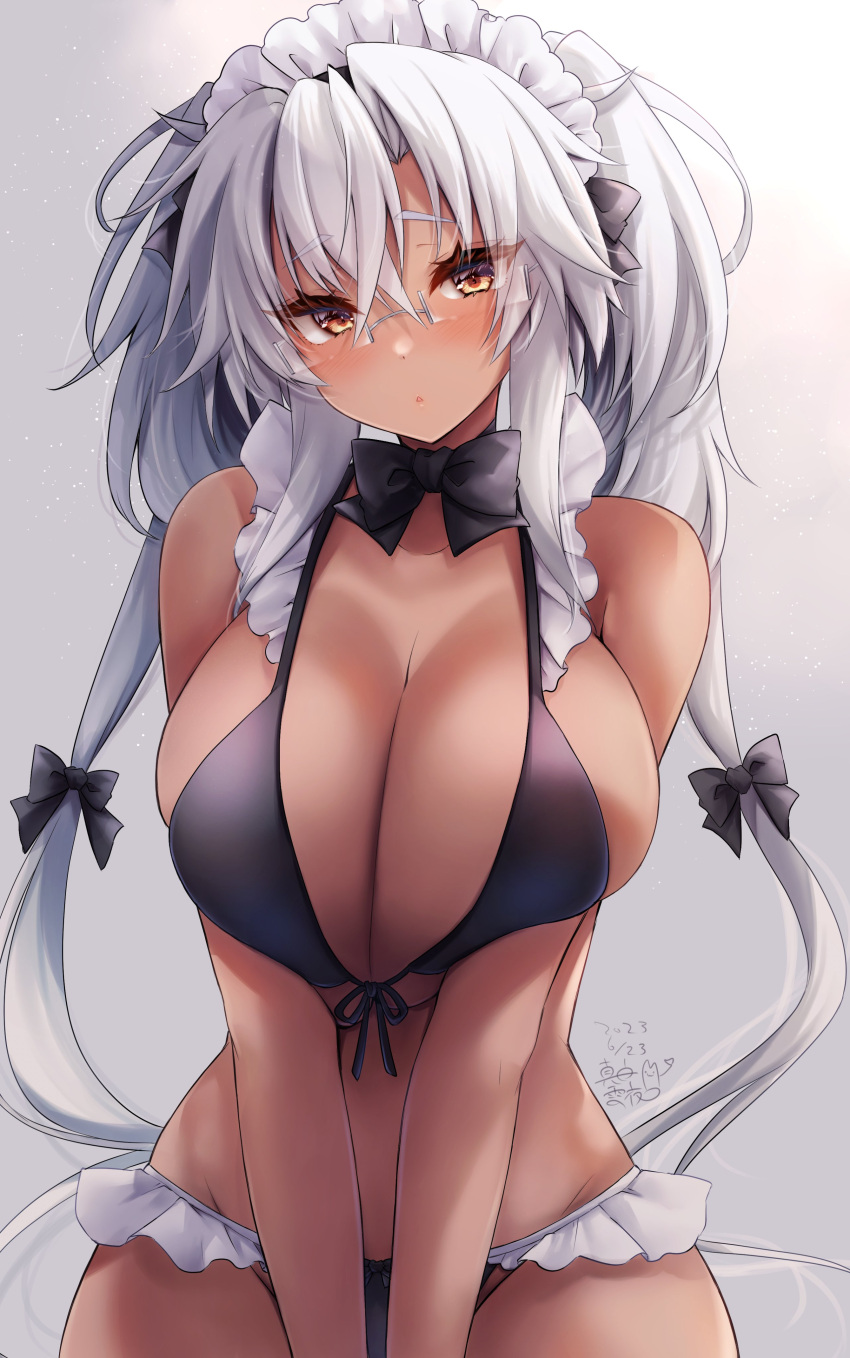 absurdres black_bra black_panties blush bra breasts dark-skinned_female dark_skin frilled_panties frills gradient_background grey-framed_eyewear grey_background hair_between_eyes hair_ribbon highres kantai_collection large_breasts long_hair looking_at_viewer maid_headdress mashiro_yukiya musashi_(kancolle) panties pointy_hair rectangular_eyewear red_eyes ribbon ribbon-trimmed_choker semi-rimless_eyewear smile twintails two_side_up underwear