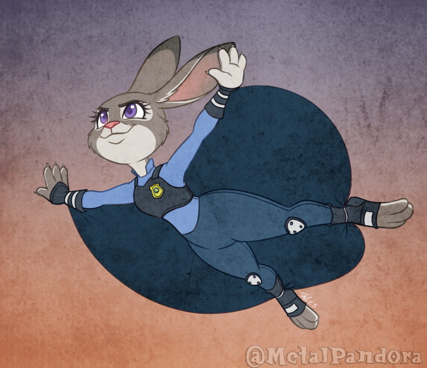 anthro clothing determined disney evening female flying grainy_texture hi_res judy_hopps lagomorph leporid mammal membrane_(anatomy) metalpandora patagium police_uniform rabbit smile solo stretching_arms uniform wingsuit zootopia