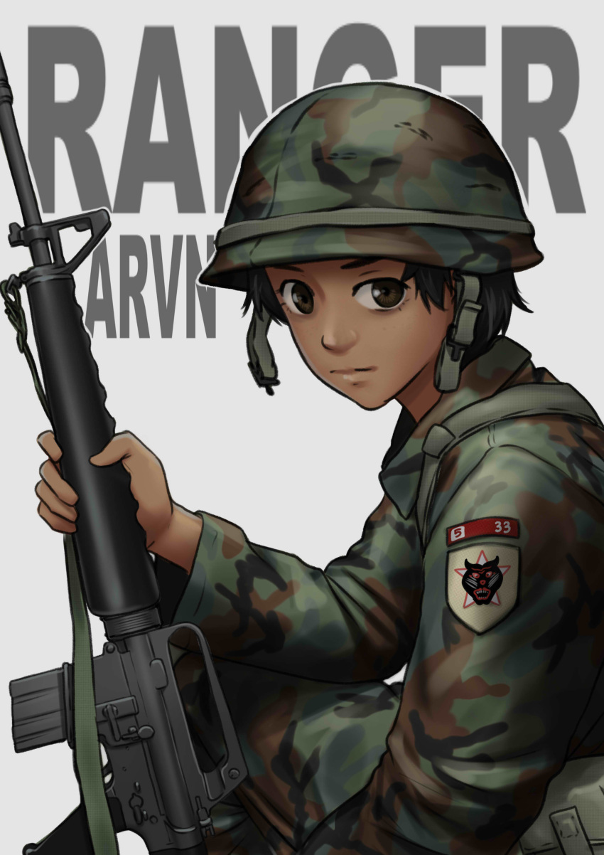 1girl absurdres assault_rifle black_eyes black_hair camouflage camouflage_headwear camouflage_pants camouflage_shirt chin_strap closed_mouth combat_helmet commentary dark-skinned_female dark_skin fatigues from_side green_headwear green_pants green_shirt gun gun_sling helmet highres holding holding_gun holding_weapon insignia long_sleeves looking_at_viewer looking_to_the_side m16 m16a1 m1_helmet mardjan military military_uniform original pants patch pouch rifle shirt shoulder_patch sitting soldier solo star_(symbol) text_background undone_chin_strap uneven_eyes uniform unit_patch vietnam_war weapon white_background woodland_camouflage