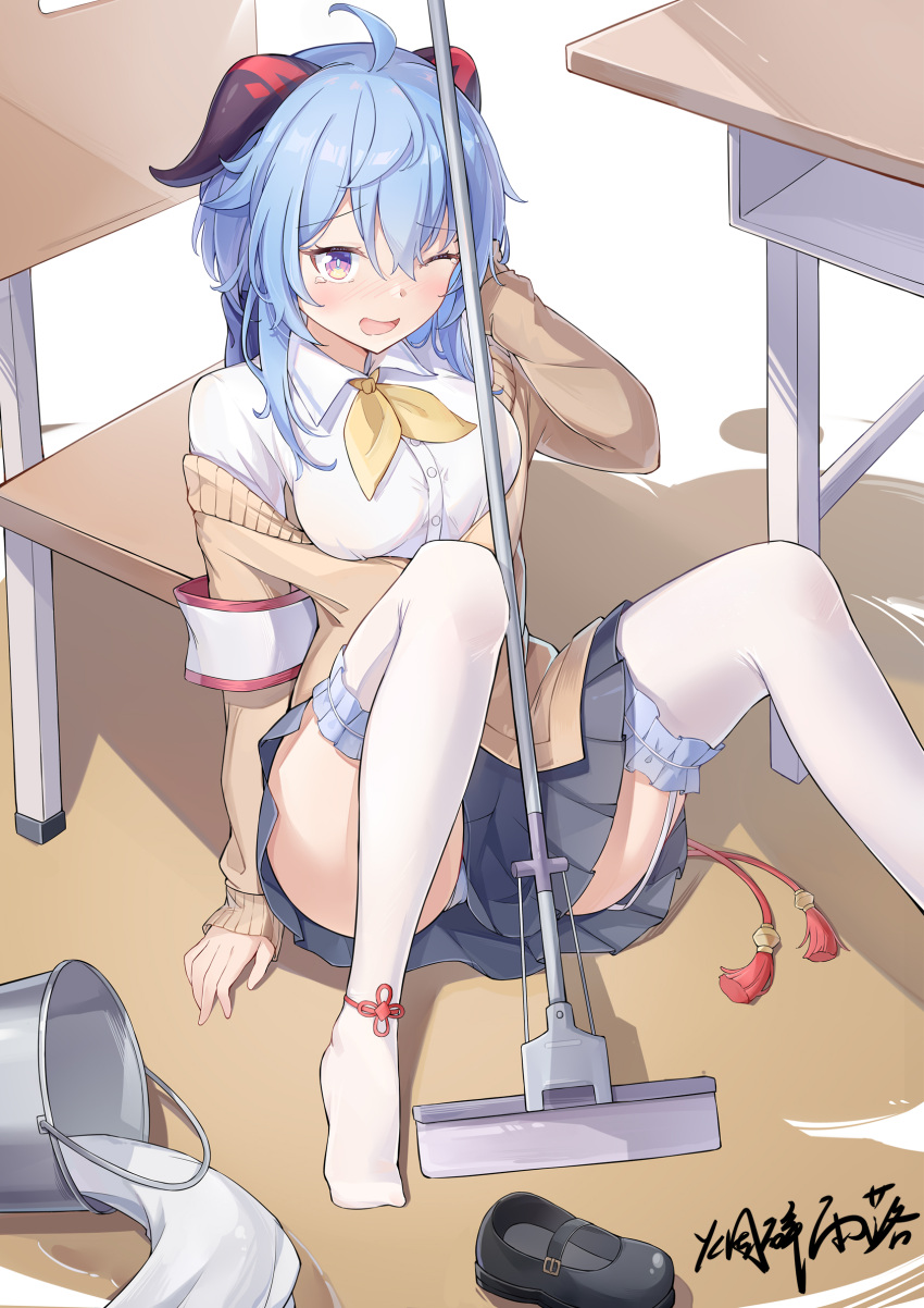 1girl ahoge blue_hair blush breasts bucket chair foot_out_of_frame ganyu_(genshin_impact) genshin_impact highres horns knees_up legs long_hair looking_at_viewer medium_breasts mob no_shoes one_eye_closed open_mouth panties pantyshot purple_eyes school_uniform shirt shoes shoes_removed sidelocks signature sitting skirt smile solo table thighhighs thighs underwear white_panties white_shirt white_thighhighs yansuiyuluo