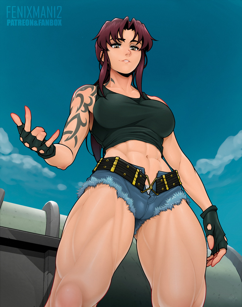 1girl abs black_lagoon blue_sky boat fenixman12 fingerless_gloves gloves grey_eyes highres looking_down meme mildly_muscular_women_think_they're_gods_(meme) muscular muscular_female red_hair revy_(black_lagoon) shorts sky smile solo tank_top tattoo toned watercraft