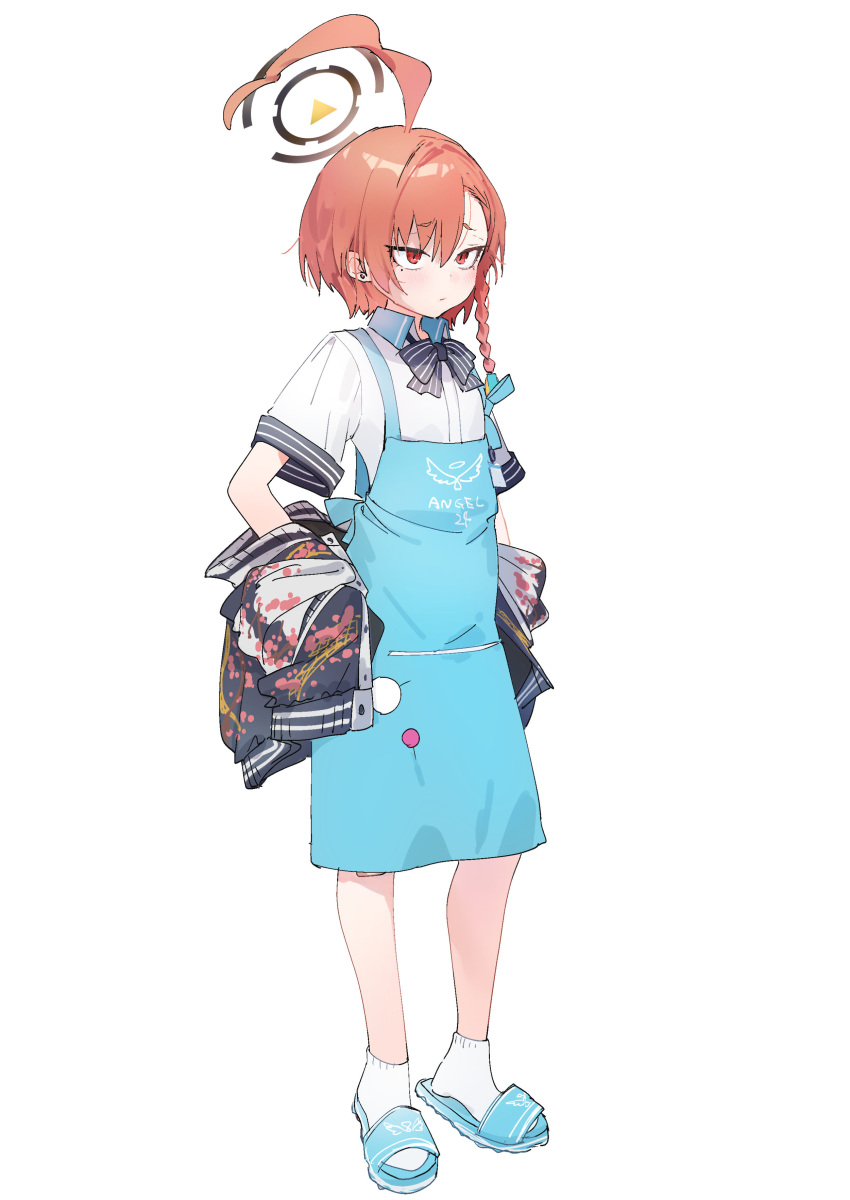 1girl absurdres ahoge apron black_bow black_bowtie black_halo blue_apron blue_archive blush bow bowtie braid closed_mouth clothes_writing collared_shirt cosplay ear_piercing full_body halo highres jacket medium_hair mole mole_under_eye neru_(blue_archive) orange_hair piercing polo_shirt red_eyes shirt short_sleeves simple_background single_braid slippers socks solo sora_(blue_archive) sora_(blue_archive)_(cosplay) sukajan white_background white_shirt white_socks yanyo_(ogino_atsuki)