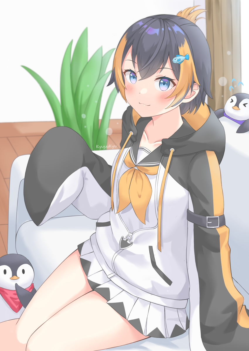 1girl :3 absurdres animal bird black_hair blonde_hair blush couch curtains fish_hair_ornament folded_ponytail hair_ornament highres hood hoodie indoors kyujuukyu looking_at_viewer multicolored_hair neckerchief nijisanji nijisanji_en on_couch penguin petra_gurin plant pleated_skirt school_uniform serafuku short_hair sitting skirt sleeves_past_fingers sleeves_past_wrists smile solo two-tone_hair virtual_youtuber wooden_floor