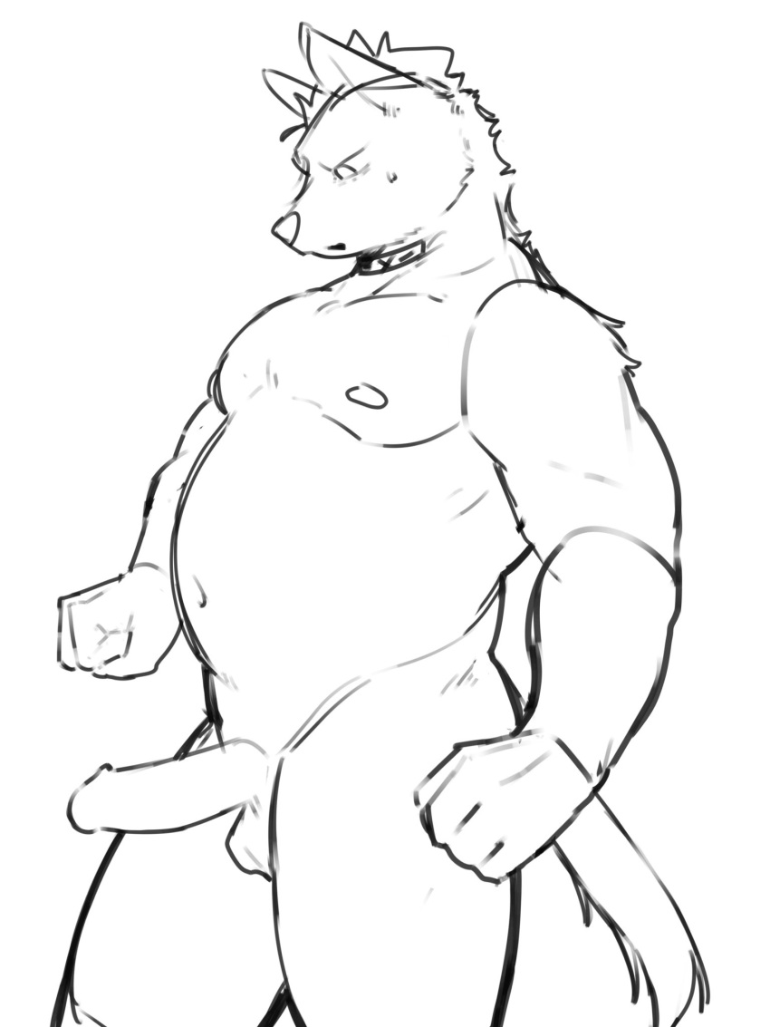 2023 3:4 anthro areola arknights balls belly collar collar_only erection genitals hi_res humanoid_genitalia humanoid_penis hyena hypergryph male mammal monochrome nude overweight overweight_anthro overweight_male penis pluto08010511 pu94_d1de4c sketch solo spot_(arknights) spotted_hyena studio_montagne