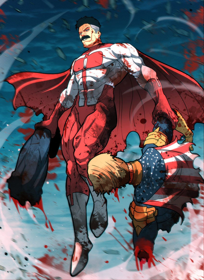 2boys absurdres black_hair blonde_hair blood blood_on_clothes blood_on_weapon blood_splatter bodysuit cape crossover facial_hair flying gloves glowing glowing_eyes highres homelander invincible_(series) male_focus multicolored_hair multiple_boys muscular muscular_male mustache omni-man red_gloves superhero terd the_boys torn_bodysuit torn_cape torn_clothes two-tone_hair weapon