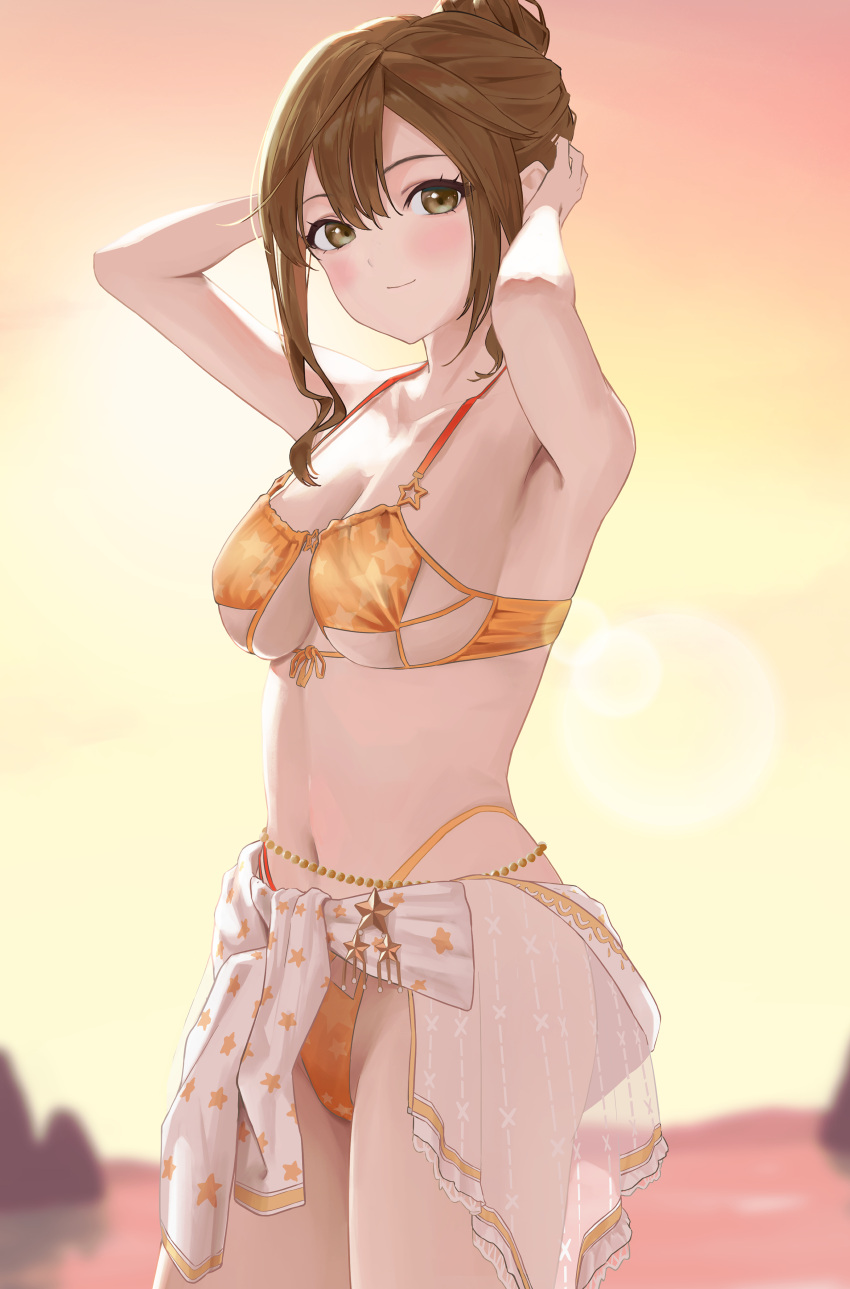 absurdres armpits arms_behind_head arms_up bikini blush breasts brown_eyes brown_hair commentary dead_or_alive dead_or_alive_xtreme hair_between_eyes highres hoki1314 long_hair looking_at_viewer medium_breasts misaki_(doa) smile sunset swimsuit thighs water