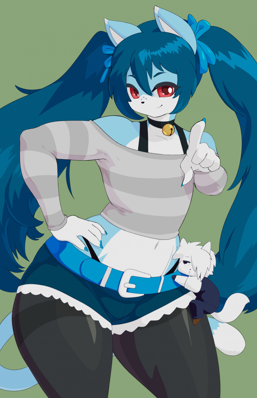 blizbel_blueberry blue_body blue_fur blue_hair choker clothing domestic_cat felid feline felis freckles fur girly hair hi_res jewelry juzztie male mammal necklace razplus red_eyes solo tail wide_hips