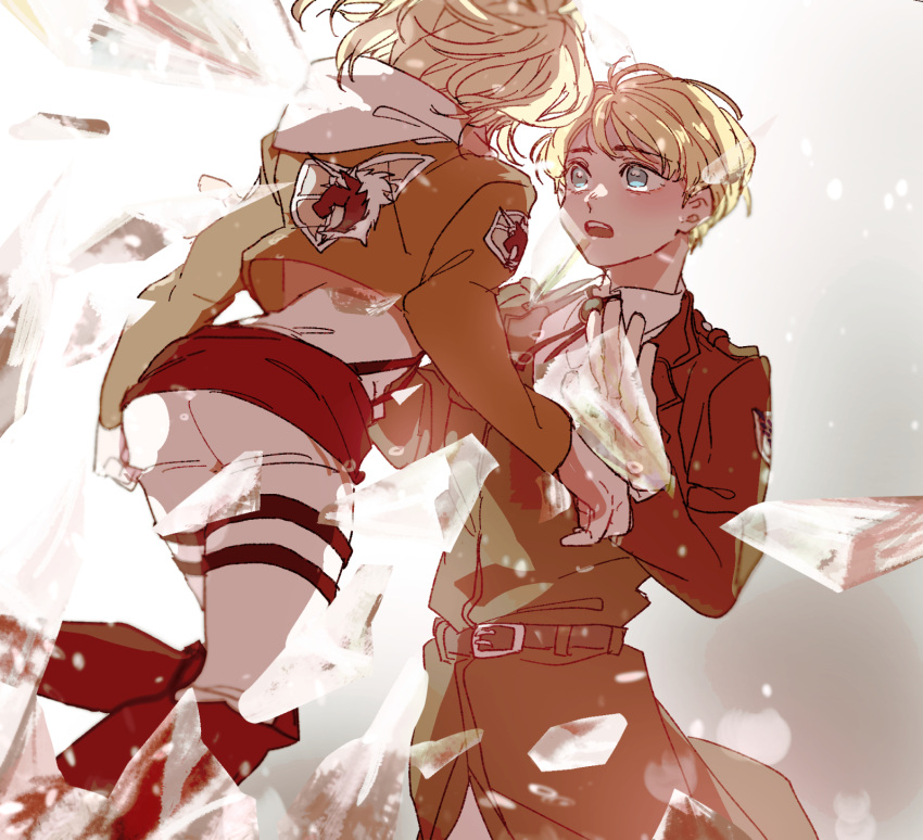 1boy 1girl annie_leonhardt armin_arlert ass blonde_hair blue_eyes blush boots broken_glass brown_jacket cropped_jacket glass gloves highres jacket long_sleeves looking_at_another medium_hair mi_cha_iru pants parted_lips shingeki_no_kyojin shirt short_hair thigh_strap white_gloves white_pants white_shirt wide-eyed