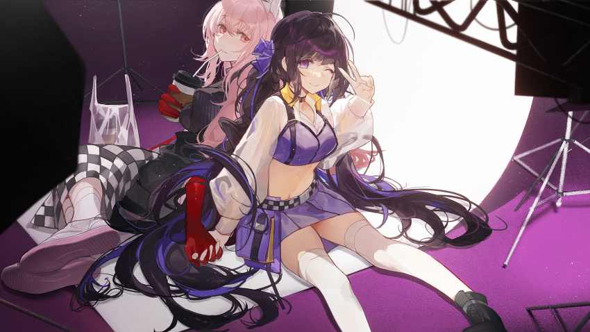 2girls animal_ears back-to-back belt black_hair checkered_clothes checkered_skirt coffee_cup crop_top cup disposable_cup drinking drinking_straw girls'_frontline girls'_frontline_neural_cloud gloves highres holding_hands kuroduki_(pieat) long_hair long_sleeves looking_at_viewer looking_back midriff multiple_girls nanaka_(girls'_frontline_nc) nanaka_(iris-colored_holiday)_(girls'_frontline_nc) navel official_alternate_costume one_eye_closed persicaria_(girls'_frontline_nc) persicaria_(mocha_chorus)_(girls'_frontline_nc) photo_shoot pink_eyes pink_hair purple_eyes purple_skirt red_gloves shoes sitting skirt smile sneakers socks stomach studio_lights thighhighs v very_long_hair white_sneakers white_socks white_thighhighs