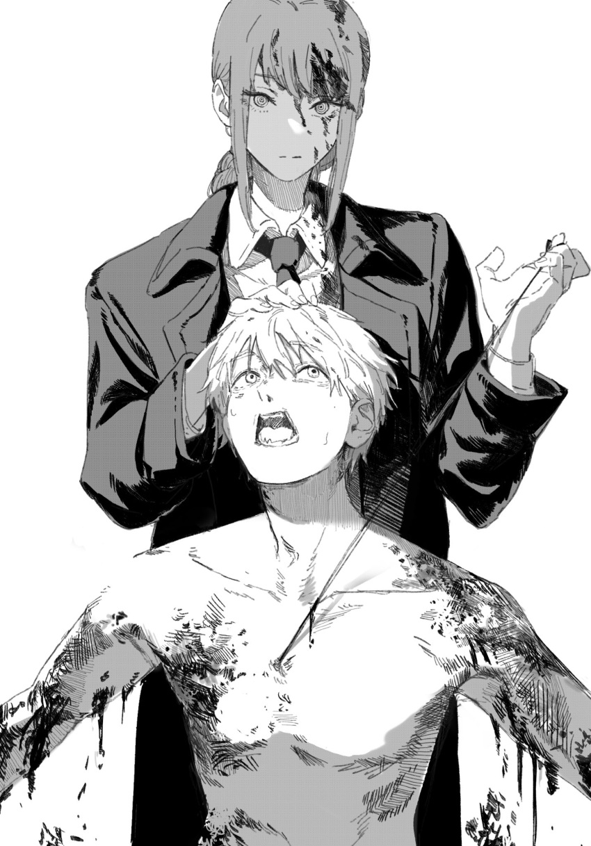 1boy 1girl black_coat black_necktie blood blood_drip blood_in_hair blood_on_arm blood_on_clothes braid braided_ponytail chainsaw_man coat collared_shirt denji_(chainsaw_man) greyscale hand_on_another's_head highres looking_at_viewer makima_(chainsaw_man) medium_hair monochrome necktie open_mouth pull_cord shirt short_hair sidelocks simple_background suit topless_male white_background yode