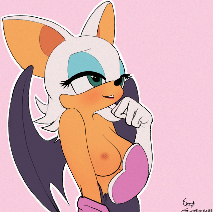 anthro armwear bat bat_wings big_breasts bite biting_lip blush bodysuit breasts clothed clothing elbow_gloves emeralds_(artist) female gloves handwear hi_res mammal membrane_(anatomy) membranous_wings pink_background rouge_the_bat sega simple_background skinsuit solo sonic_the_hedgehog_(series) tight_clothing topless undressing wings