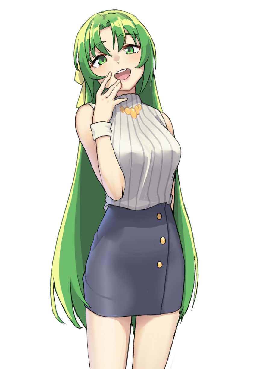 1girl black_skirt breasts green_eyes green_hair hair_ribbon highres higurashi_no_naku_koro_ni large_breasts long_hair open_mouth parted_bangs pencil_skirt ribbon sans_evieria simple_background skirt sleeveless sleeveless_sweater solo sonozaki_shion sweater turtleneck turtleneck_sweater white_background white_sweater yellow_ribbon