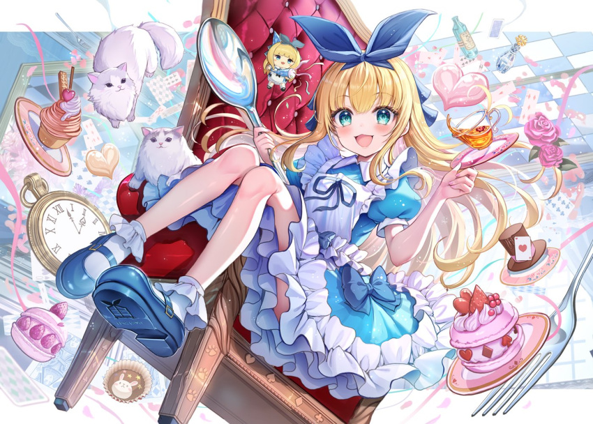 1girl :d akabane_(zebrasmise) apron black_bow black_ribbon blonde_hair blue_dress blue_footwear blush bow card cat character_doll checkered_floor clock collared_dress cream_puff cup cupcake dress flower food fork frilled_apron frilled_dress frills full_body green_eyes hair_ribbon hat heart long_hair mononobe_alice mononobe_alice_(1st_costume) nijisanji open_mouth party_popper pink_flower plate playing_card puffy_short_sleeves puffy_sleeves ribbon saucer shoes short_sleeves smile socks solo spoon streamers teacup throne top_hat virtual_youtuber white_apron white_socks