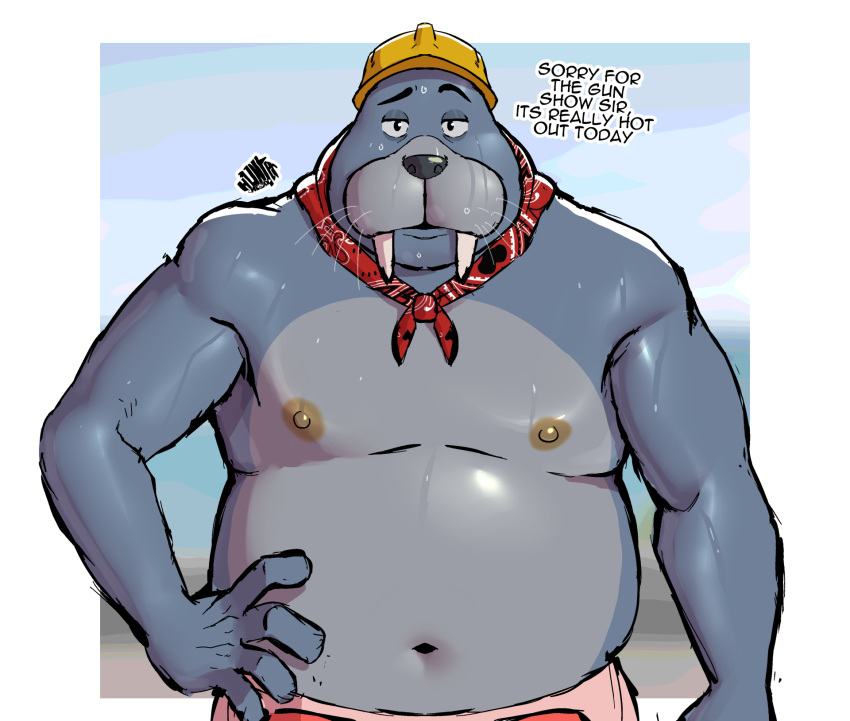 armor belly bodily_fluids hard_hat headgear helmet hi_res hunter-husky illumination_entertainment kerchief male mammal marine mason_(sing) nanothehedgehog navel neckerchief nipples overweight pinniped red_kerchief red_neckerchief shirtless sing_(movie) solo sweat sweaty_body tusks walrus