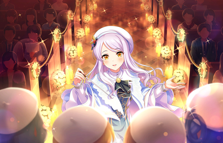 asari_nanami audience baton_(conducting) blue_hair blush bouquet brooch candle candlelight church cloak eve_santaclaus flower glitter grey_hair hair_ornament ichihara_nina idolmaster idolmaster_cinderella_girls jewelry koga_koharu long_hair music narumiya_yume necktie official_art open_mouth orange_hair pamphlet scarf singing smile white_cloak white_hair white_headwear yellow_eyes