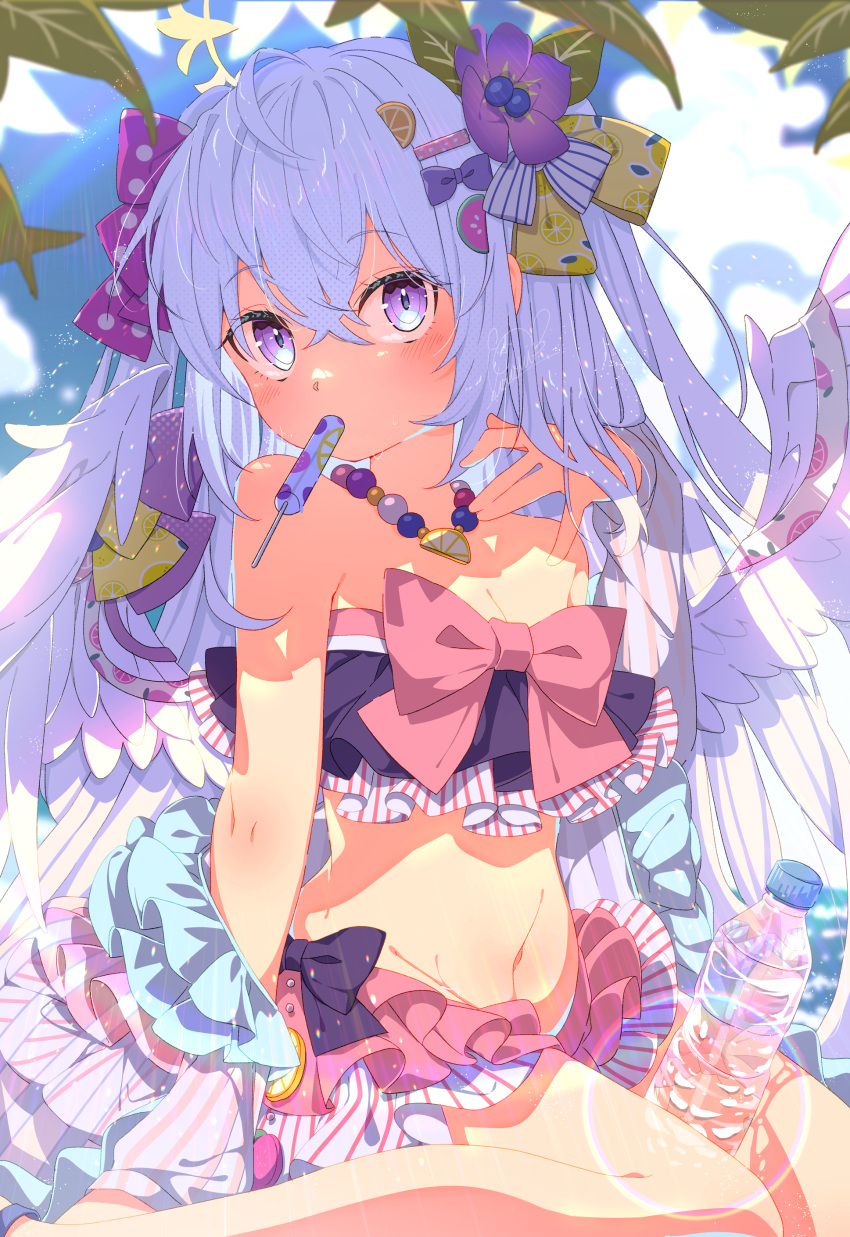 1girl absurdres ahoge angel_wings azusa_(blue_archive) azusa_(swimsuit)_(blue_archive) bead_necklace beads bikini blue_archive bow commentary_request flower food food_in_mouth frilled_bikini frills grey_hair hair_bow hair_flower hair_ornament highres jewelry kotori_inaka long_hair navel necklace pink_bow plastic_bottle popsicle popsicle_in_mouth purple_eyes signature swimsuit wings