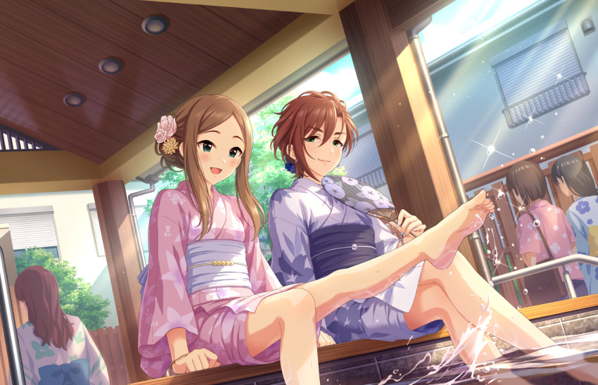 4girls :d aqua_eyes asymmetrical_hair bare_legs barefoot brown_hair closed_mouth dutch_angle earrings feet feet_out_of_frame flower foot_out_of_frame forehead game_cg green_eyes grey_nails hair_between_eyes hair_flower hair_ornament hand_fan holding idolmaster idolmaster_cinderella_girls idolmaster_cinderella_girls_starlight_stage indoors japanese_clothes jewelry kiba_manami kimono knees_together_feet_apart legs lens_flare looking_at_another matsuyama_kumiko multiple_girls nail_polish obi obijime official_art open_mouth paper_fan parted_bangs pink_kimono sash short_hair sitting smile soaking_feet soles splashing toes uchiwa