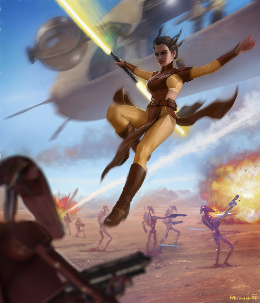 1girl artist_name b1_battle_droid bastila_shan battle belt blue_sky bodysuit boots brown_belt brown_footwear brown_hair day double_bladed_lightsaber energy_sword gun highres holding holding_gun holding_lightsaber holding_weapon jumping lightsaber long_hair midair mironishin-story motion_blur outdoors pelvic_curtain sky star_wars star_wars:_knights_of_the_old_republic sword watermark weapon yellow_bodysuit yellow_lightsaber