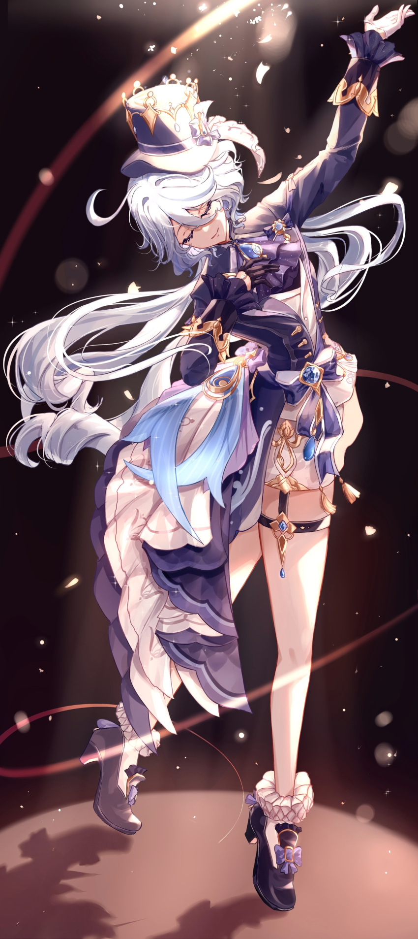 1girl absurdres abyss_of_alyss ahoge ascot bare_legs blue_ascot blue_headwear blue_jacket brooch closed_eyes commentary_request furina_(genshin_impact) genshin_impact hat high_heels highres jacket jewelry long_hair long_sleeves socks solo thigh_strap top_hat very_long_hair white_hair white_socks