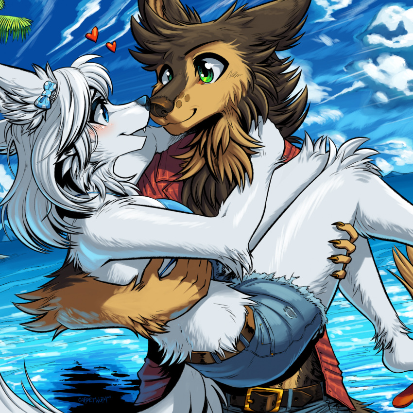 &lt;3 2023 anthro belt biped bridal_carry brown_body brown_fur canid canine canis carpetwurm carrying carrying_another carrying_partner clothed clothing colored detailed_background duo female fur green_eyes hi_res kotu_(carpetwurm) male mammal outside white_body white_fur wolf